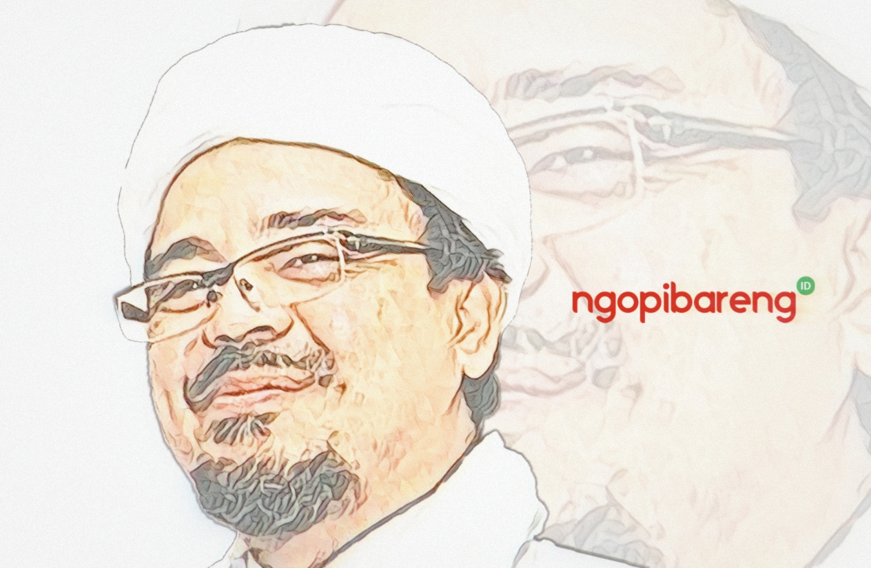 Ilustrasi pemimpin Front Pembela Islam (FPI) Rizieq Syihab. (Grafis: Fa Vidhi/Ngopibareng.id)
