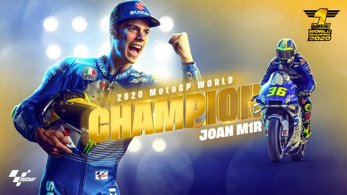 Pembalap Suzuki asal Spanyol, Joan Mir, memimpin klasemen sementara MotoGP 2020 sekaligus mengunci gelar juara dunia. (Foto: Twitter @motoGP))