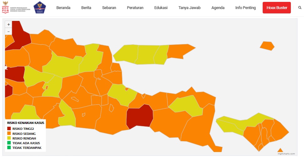 Sebaran peta risiko Jatim di website resmi Satgas Covid-19 Pusat. (Foto: Tangkapan Layar)