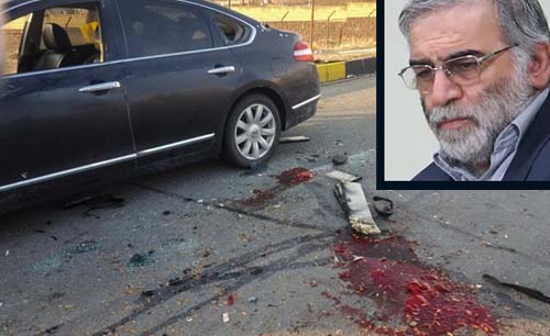Darah berceceran dekat mobil yang ditumpangi ahli nuklir Iran Mohsen Fakhrizadeh yang dibunuh di luar Kota Teheran, Jumat kemarin.  Inzer, Mohsen Fakhrizadeh. (Foto: [Fars/AP)