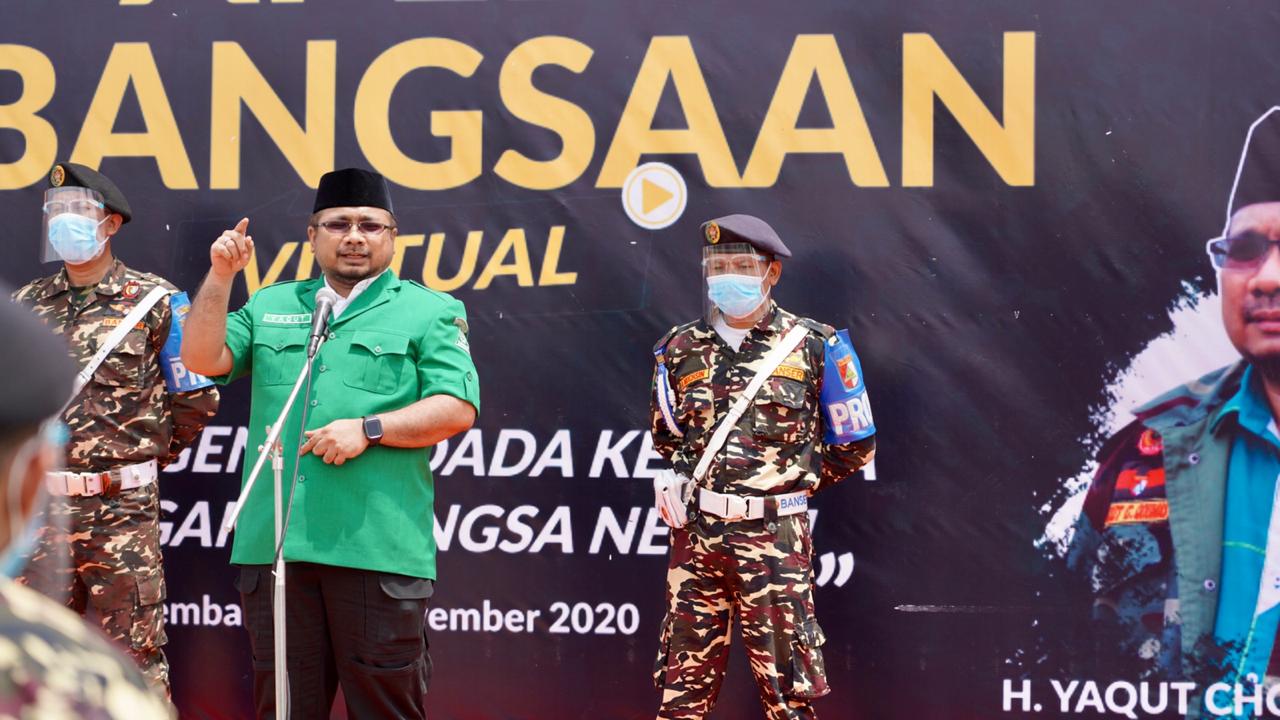 Ketua Umum Pimpinan Pusat GP Ansor Yaqut Cholil Qoumas orasi pada Apel Kebangsaan Virtual Banser, di Kabupaten Rembang, Minggu 29 November 2020. (Foto: Istimewa)
