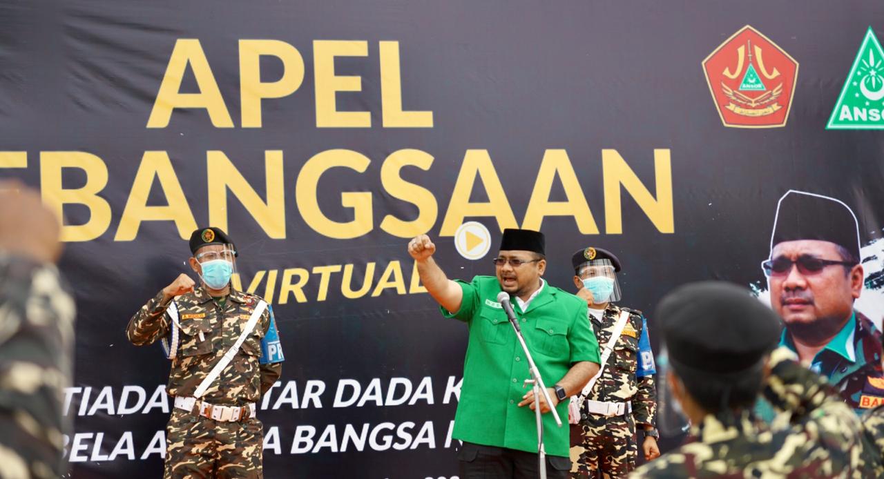 Ketua Umum Pimpinan Pusat GP Ansor Yaqut Cholil Qoumas saat memberikan orasi pada Apel Kebangsaan Virtual, Minggu 29 November 2020 pagi di Rembang. (Foto: Istimewa)