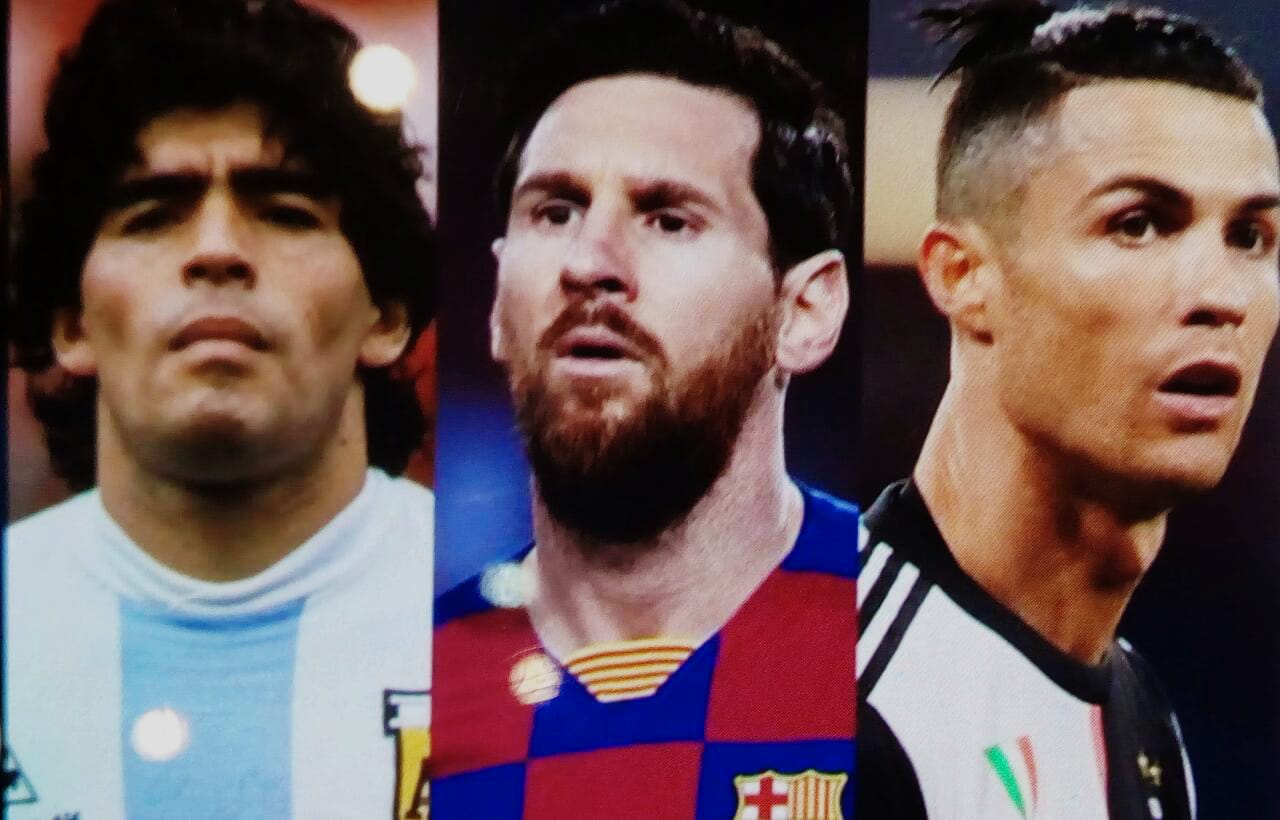 Diego Armando Maradona, Cristiano Ronaldo, Lionel Messi. (Kolase: Fa Vidhi/Ngopibareng.id)