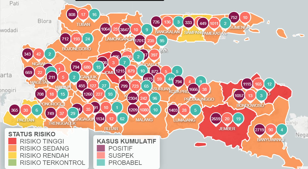 Update Covid-19 Jawa Timur melaporkan 564 kasus baru, dengan zona kuning tersisa dua. (tangkapan layar Info Covid-19 Jawa Timur)