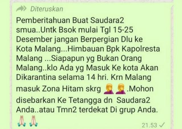 Kabar bohong alias hoaks tentang Kota Malang berstatus zona hitam Covid-19. (Foto: Tangkapan layar WhatsApp Group)