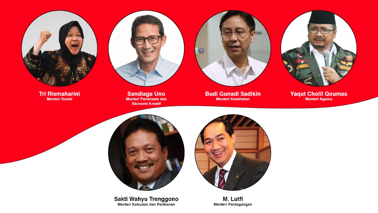 Ilustrasi enam menteri baru Kabinet Indonesia Maju, yang diumumkan Presiden Jokowi didampingi Wapres Ma'ruf Amin, Selasa 22 Desember 2020. (Grafis: Fa Vidhi/Ngopibareng.id)