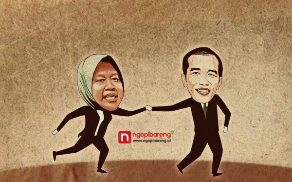 Ilustrasi Tri Rismaharini yang ditarik Presiden Joko Widodo ke Istana sebagai Menteri Sosial. (Ilustrasi: Fa Vidhi/Ngopibareng.id)