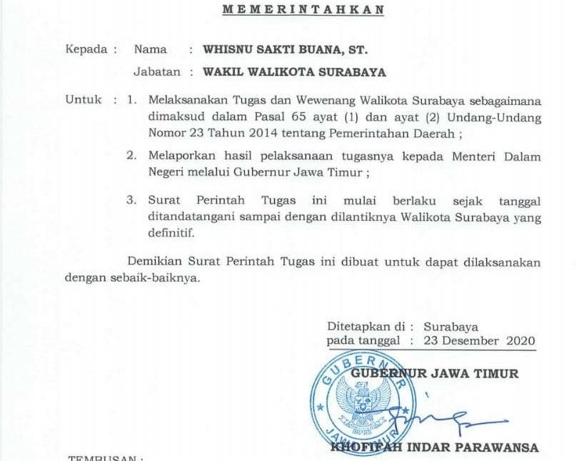 Surat keputusa Gubernur Jawa Timur yang memerintahkan agar Whisnu Sakti Buana menjadi Plt Walikota Surabaya. (tangkapan layar)