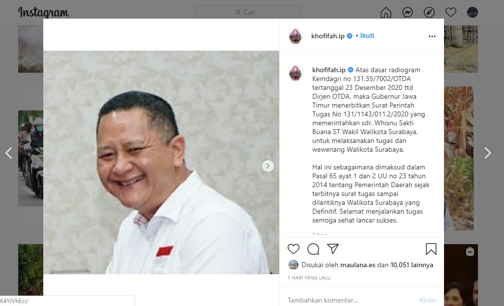 Postingan Gubernur Jatim, Khofifah Indar Parawansa terkait penugasan Whisnu Sakti Buana sebagai Plt Walikota Surabaya. (Foto: Tangkapan Layar)