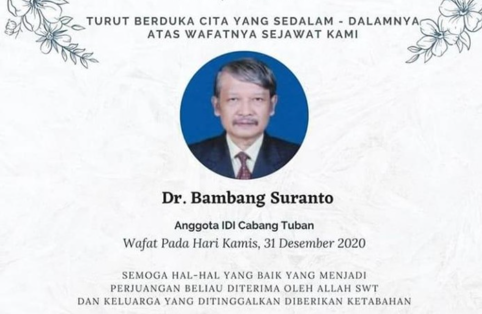 Ucapan duka dari IDI Jatim untuk dokter Bambang Suranto yang meninggal setelah terpapar Covid-19. (Istimewa)