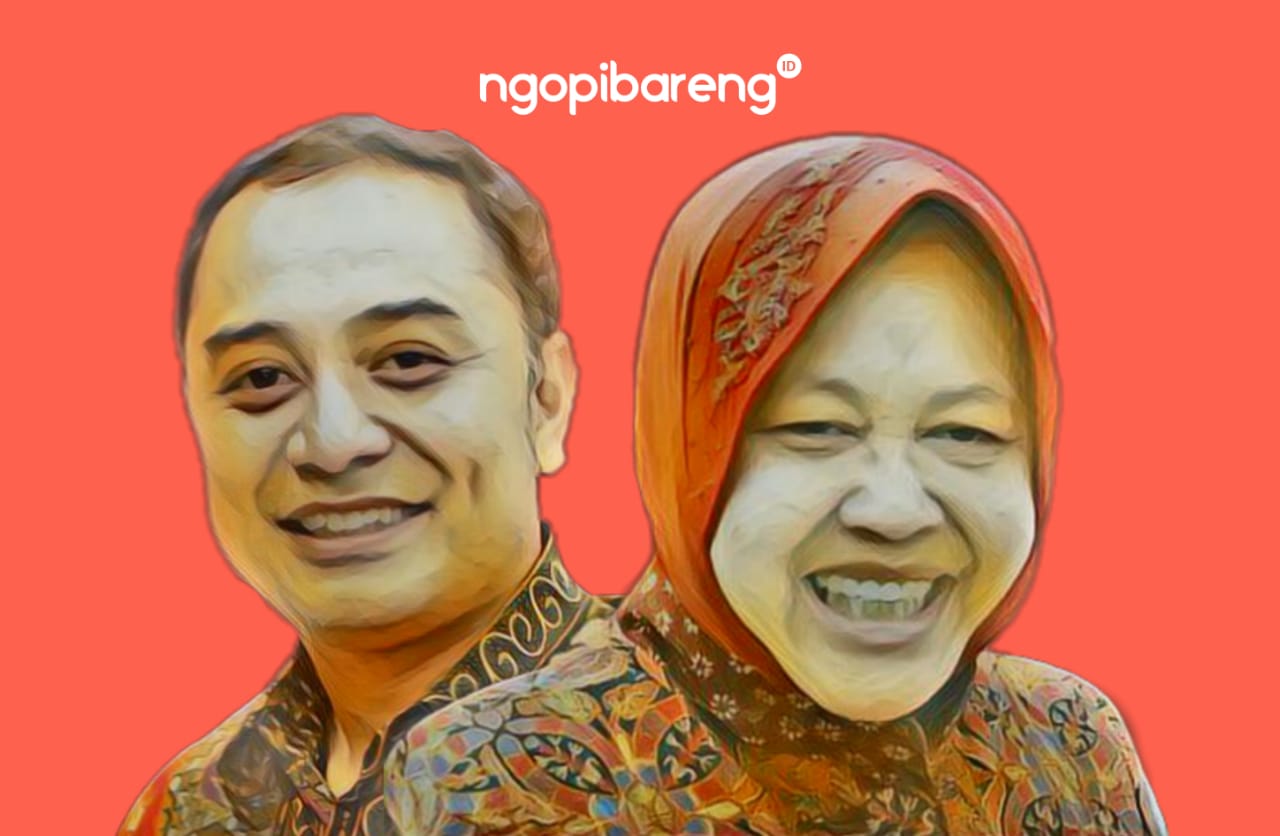 Ilustrasi calon Walikota Surabaya terpilih, Eri Cahyadi, dan mantan Walikota Surabaya yang kini menjabat Menteri Sosial, Tri Rismaharini. (Grafis: Fa Vidhi/Ngopibareng.id)