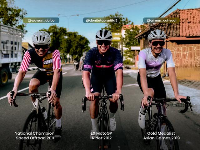 (Dari kiri) Dwi Kurniawan, Aiman Cahyadi, dan Doni Tata, para juara yang ikut serta dalam Velo Vista Ride, Rabu, 20 Maret 2021. (Foto: Istimewa)