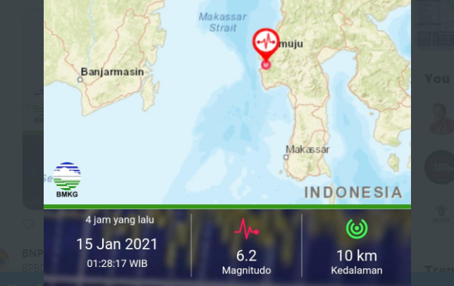 Peta gempa di Sulawesi Barat (Sulbar). (Grafis: Twitter @BNPB_Indonesia)