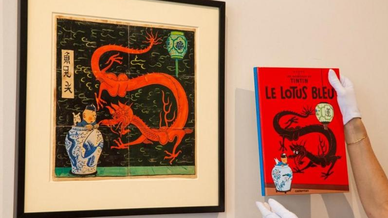 Lukisan dan sampul buku kelima Herge, The Blue Lotus. (Foto: Dok. Artcurial Paris)