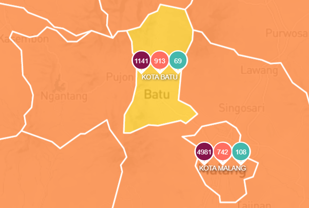 Jawa Timur memiliki satu wilayah zona kuning Covid-19 yaitu di Kota Batu. (Foto: Tangkapan layar Info Covid-19 Jawa Timur)