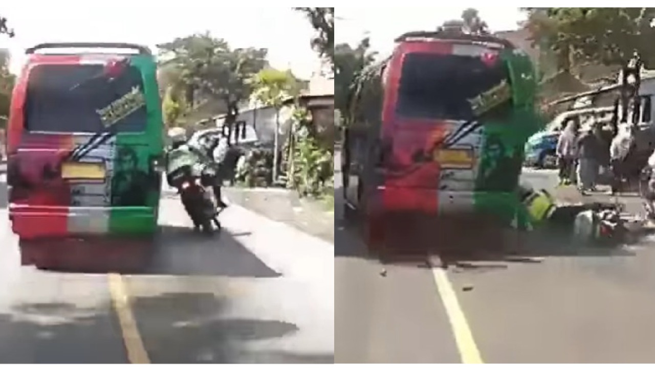 Minibus berjalan ngepot menabrak motor polisi di Jalan KH Hasan Genggong, Kota Probolinggo, Jawa Timur. (Foto: tangkapan layar video)