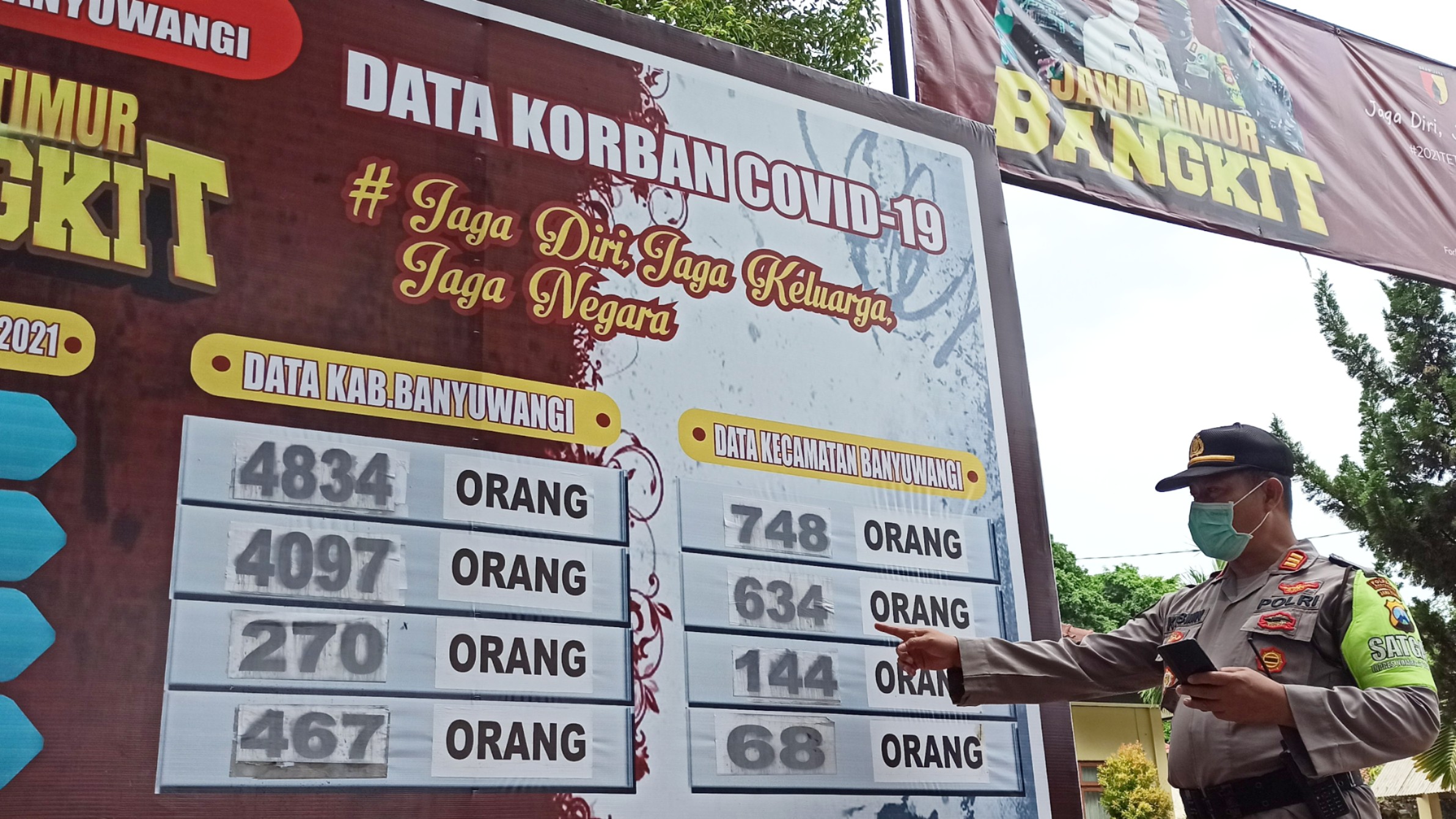 Kapolsek Banyuwangi AKP Kusmin menunjukkan data Covid-19 pada panel yanb dipasang di depan Polsek Banyuwangi, Jawa Timur. (Foto: Muh Hujaini/Ngopibareng.id)