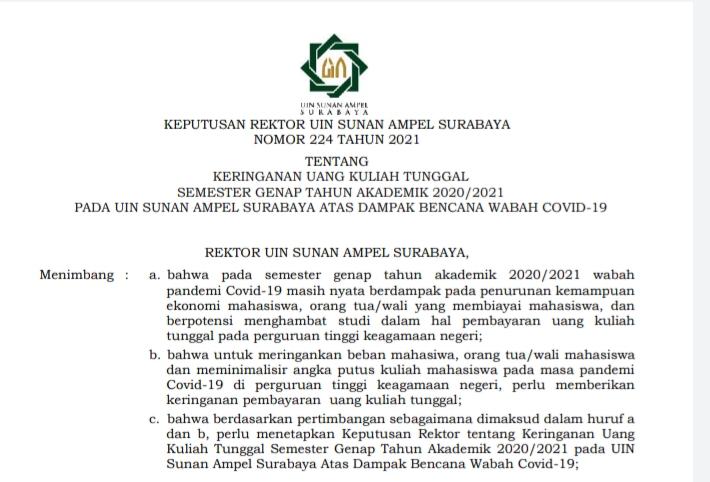Penggalan SK Rektor UIN Sunan Ampel Surabaya tentang keringanan UKT. (Foti:istimewa)