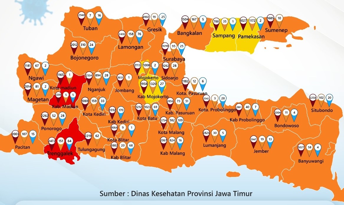 Peta sebaran covid-19 di Jatim. (Foto: Satgas)