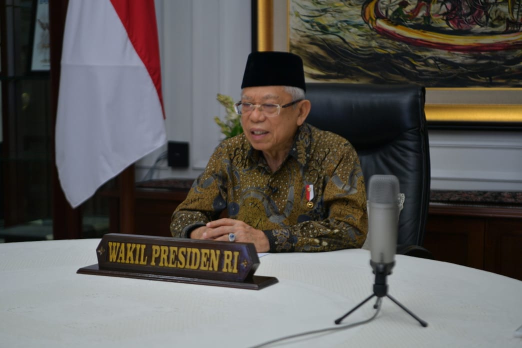 Wakil Presiden Ma'ruf Amin memberikan sambutan secara virtual dalam webinar Majelis Ulama Indonesia (MUI). (Foto: Setwapres)