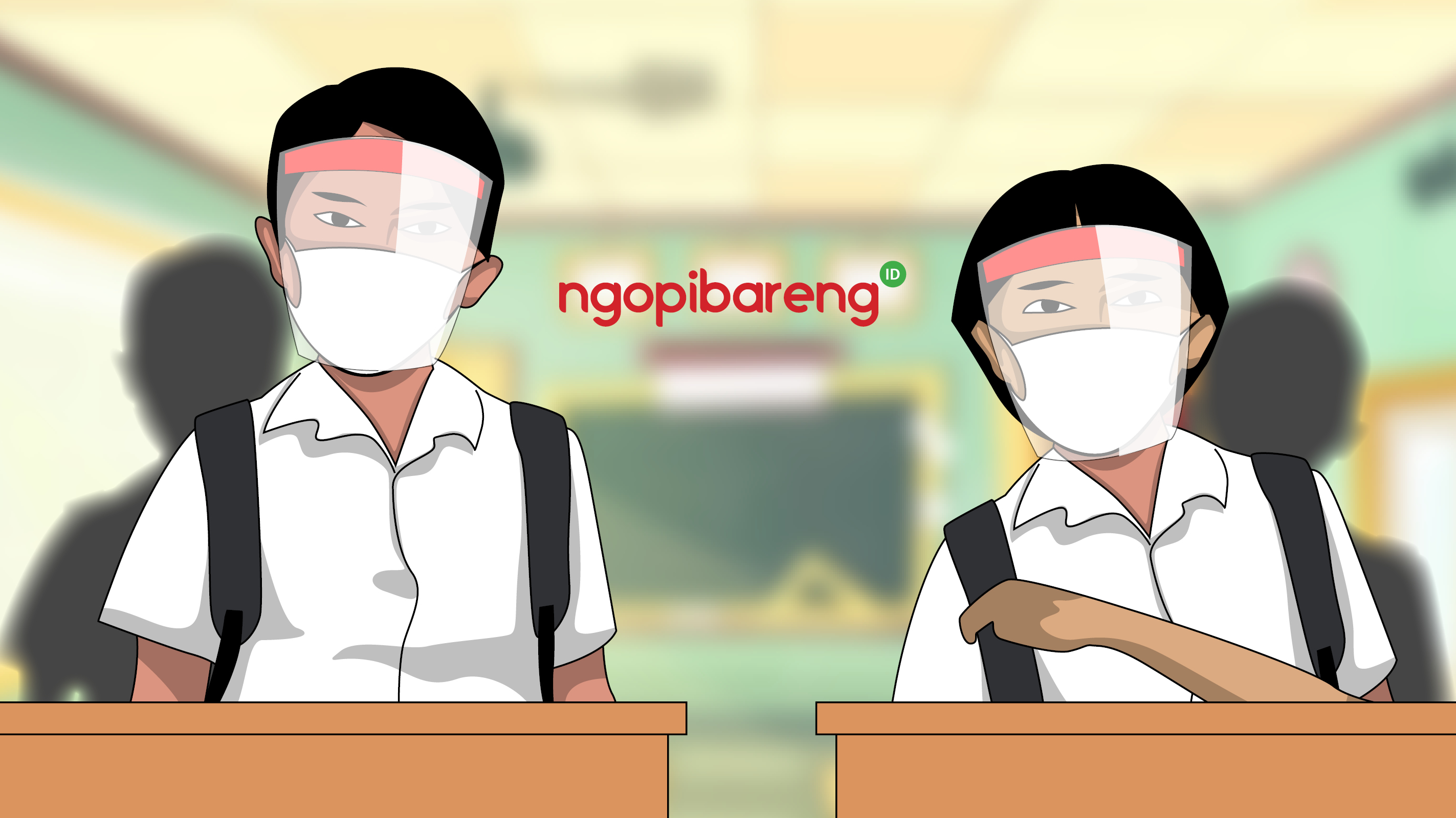 Ilustrasi siswa bersekolah menggunakan masker. (Grafis: Fa Vidhi/Ngopibareng.id)