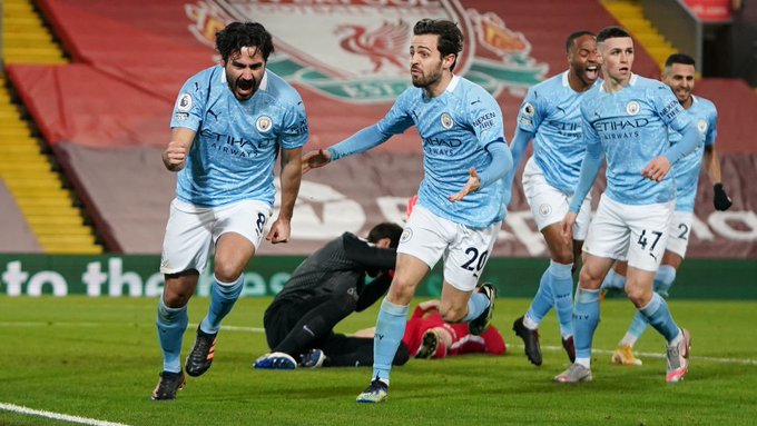 Ekspresi kegembiraan Ilkay Gundogan saat mencetak gol ke gawang Liverpool di pekan ke-23 Premier League. (Foto: Twitter/@ManCity)