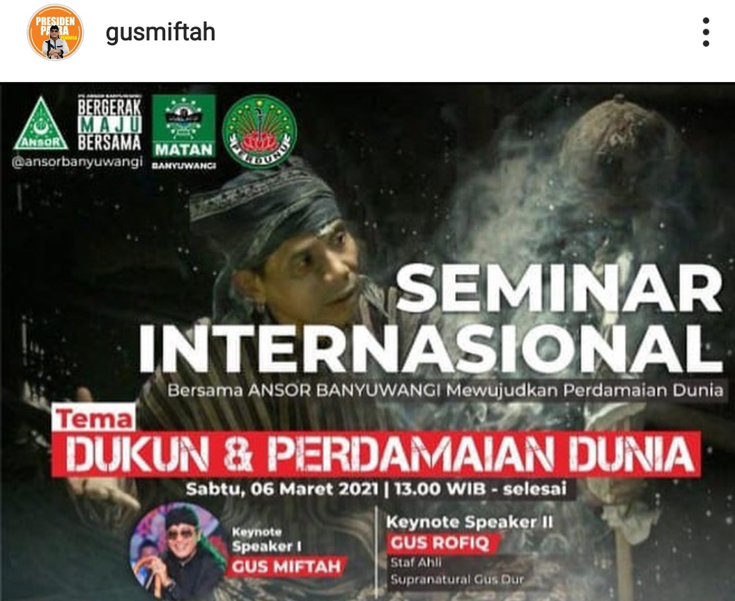 Flyer Seminar internasional bertema Dukun dan Perdamaian Dunia yang mencantumkan nama Gus Miftah (Foto: Istimewa) 