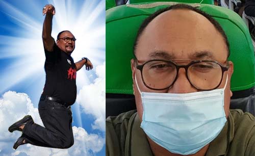 In Memoriam Abu Bakar Yarbo. Dua foto Abu Yarbo ketika berada di Papua, dan ketika sudah duduk di pesawat untuk kembali ke Surabaya, 6 Februari lalu. (Foto:Istimewa)
