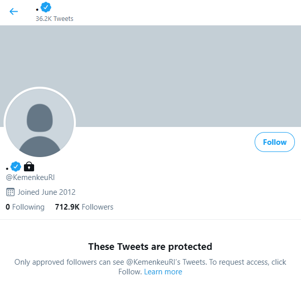 akun Twitter resmi Kementerian Keuangan tidak ada profile picture dan nama akun tersebut pun berubah menjadi hanya titik (.). (Foto: Twitter)