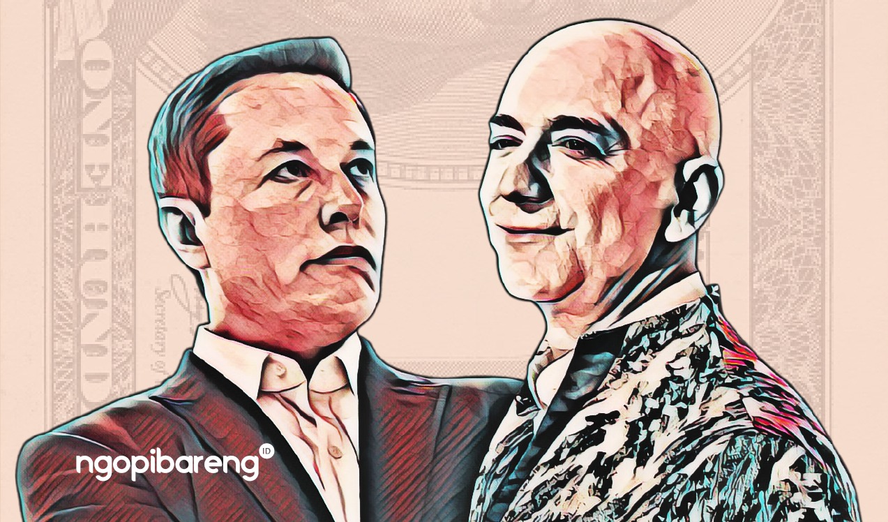 Ilustrasi adu kekayaan Elon Musk vs Jeff Bezos. (Grafis: Fa Vidhi/Ngopibareng.id)