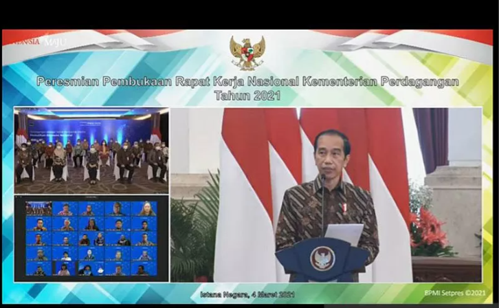 Tangkapan layar - Presiden Joko Widodo (Jokowi) dalam acara Peresmian Pembukaan Rapat Kerja Nasional Kementerian Perdagangan Tahun 2021 dari Istana Negara Jakarta, Kamis (4/3/2021). ANTARA/Tangkapan layar Youtube Sekretariat Presiden/pri.