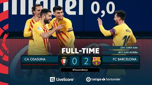 Barcelona mempermalukan Osasuna 2-0 di Stadion El Sadar, Minggu 7 Maret 2021. (Foto: Twitter)