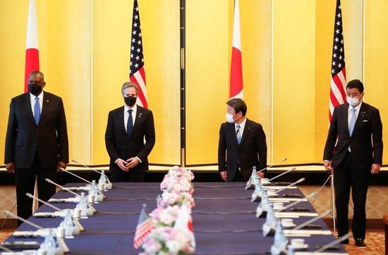 Pertemuan 2+2 antara Menteri Luar Negeri dan Pertahanan Amerika Serikat (AS) dan Jepang, Selasa 16 Maret 2021. (Foto: asahi)