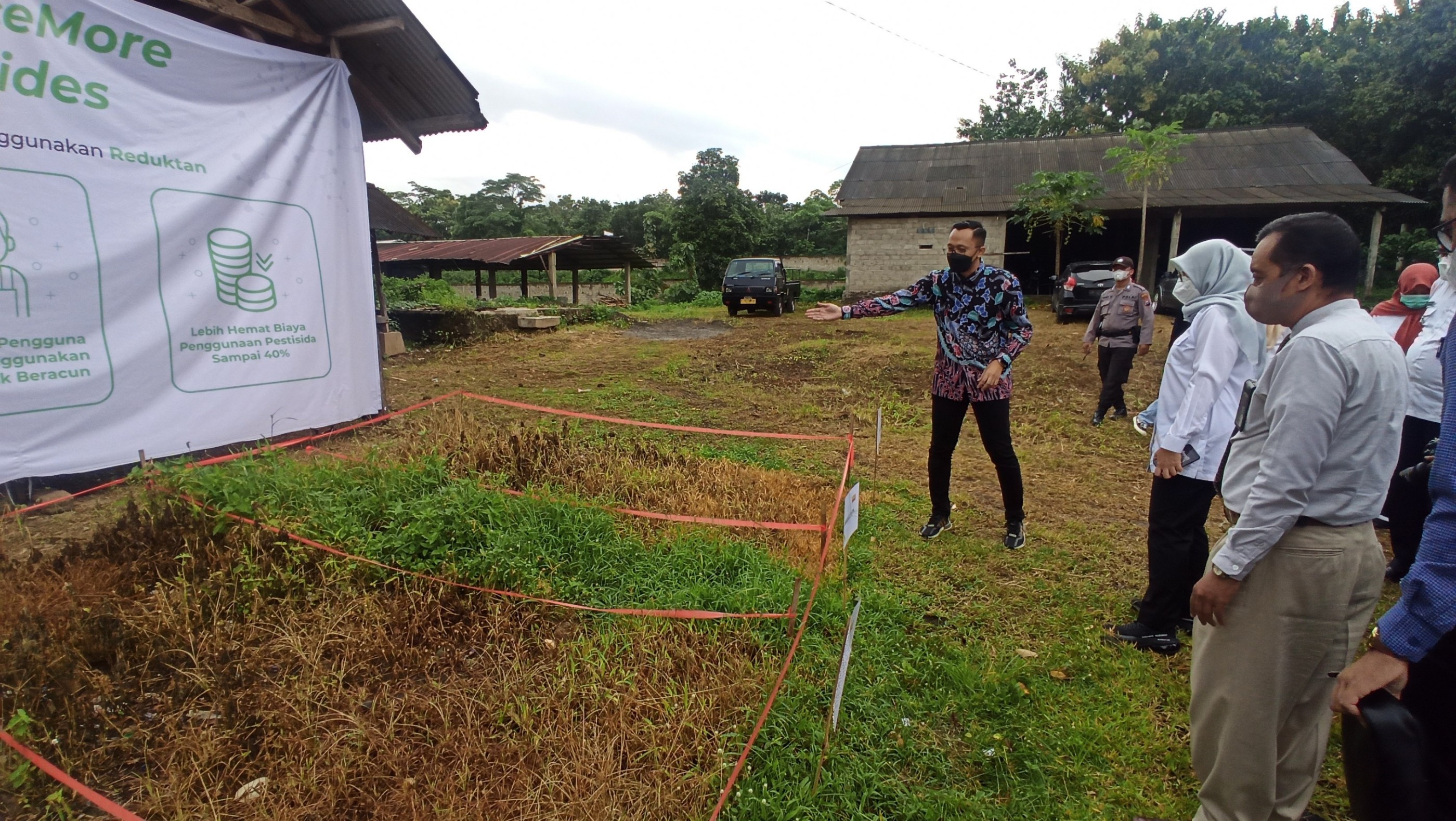 Bupati Banyuwangi Ipuk Fiestiandani Azwar Anas mendapatkan penjelasan penggunaan produk Reduktan pestisida pada rumput di sekitar pabrik pembuatan produk ini (foto:Muh Hujaini/Ngopibareng.id)