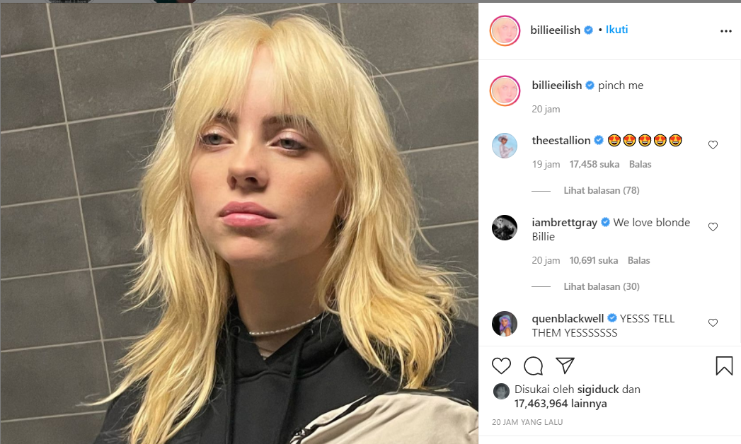 Billie Eilish kini tak lagi berambut hijau. (Tangkapan layar via Instagram)