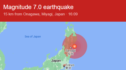 Gempa Magnitudo 7,2 di Prefektur Miyagi, Jepang, Sabtu 20 Maret 2021. (Foto: Google)