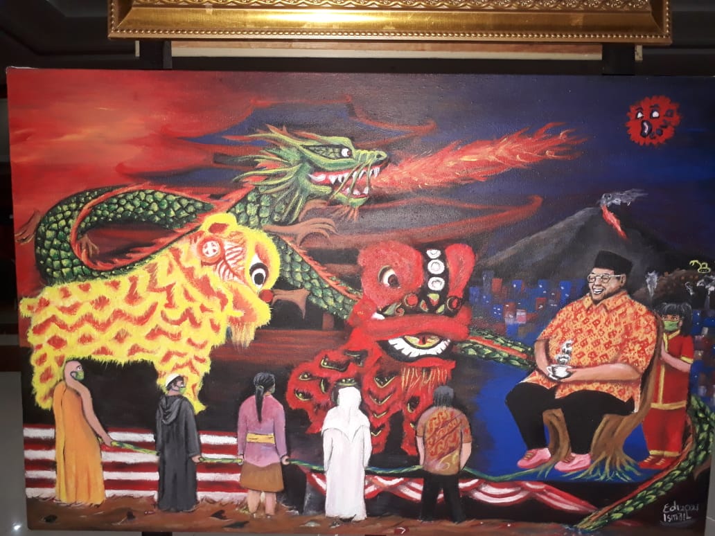 Salah satu lukisan yang ikut dipamerkan dalam Pameran Nasional Akbar 3 di Balai Gedung Kesenian Kota Blitar. (Foto: Choirul Anam/Ngopibareng.id)