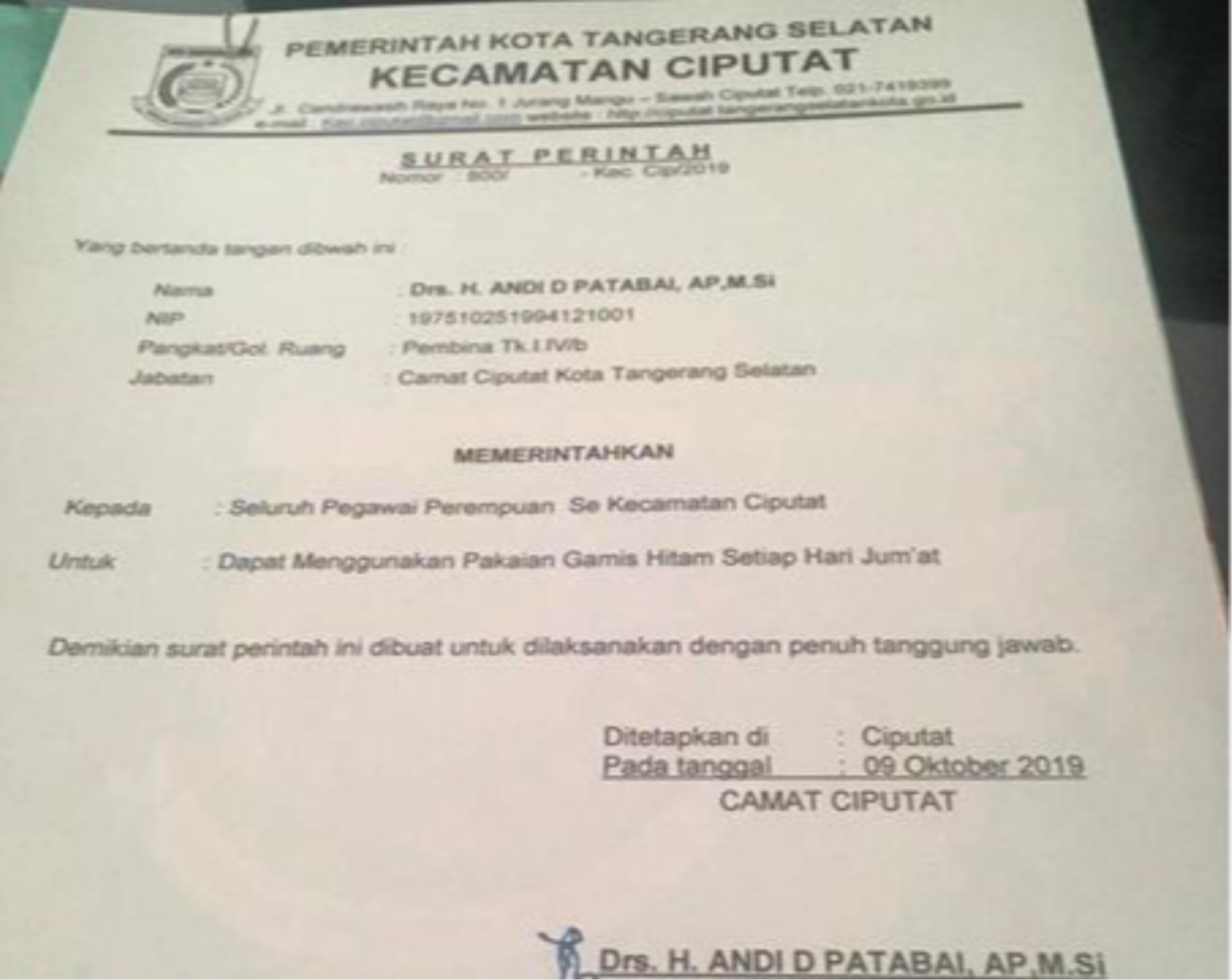 Surat edaran Camat Ciputat yang viral di media sosial.