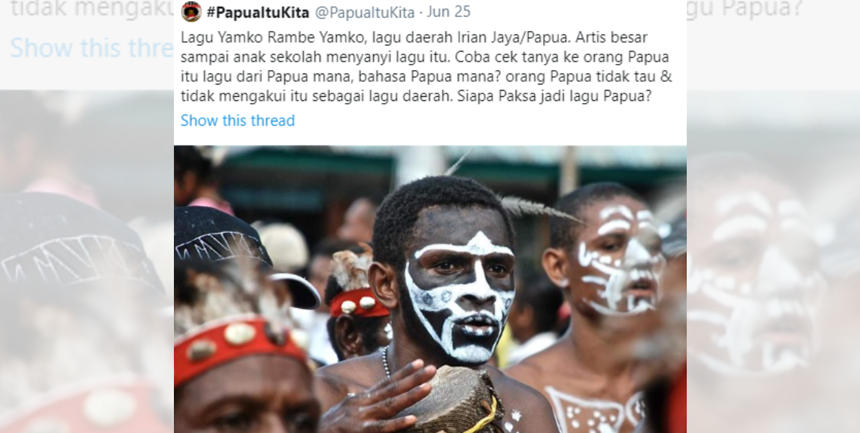 Twitter akun @PapuaItuKita tentang lagu Yamko Rambe Yamko. (Foto: Twitter)