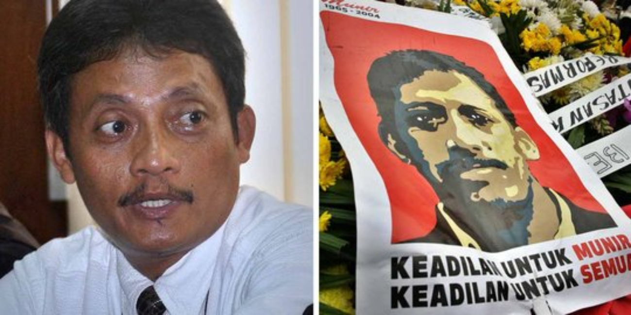 Mantan terpidana kasus pembunuhan aktivis HAM Munir Said Thalib (poster kanan), Pollycarpus Budihari Prijanto (kiri). (Foto: Kolase)