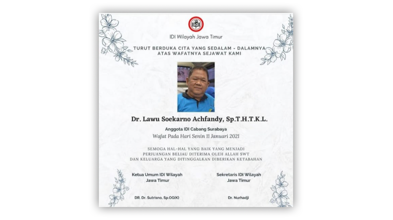 Kabar duka meninggalnya dr. Lawu dokter RS Soewandhie Surabaya. (Foto: istimewa)