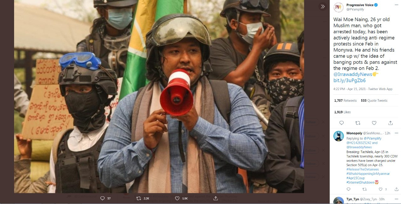Wai Moe Naing, 25 tahun, seorang Muslim aktivis yang ditangkap penguasa militer Myanmar. (Foto: layar twitter)