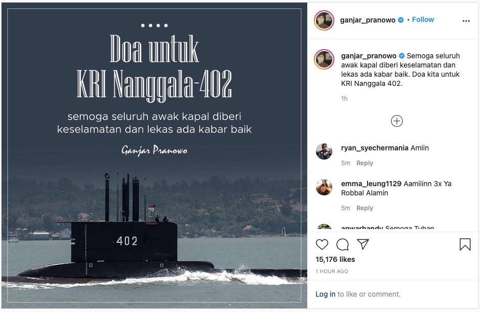 Tangkapan layar instagram Ganjar yang mendoakan awak kapal selam KRI Nanggala-402. (Foto: Instagram)