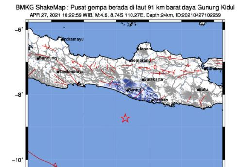Badan Meteorologi, Klimatologi, dan Geofisika (BMKG) melaporkan gempa di Gunungkidul, Yogyakarta. (Grafis: Twiter BMKG)
