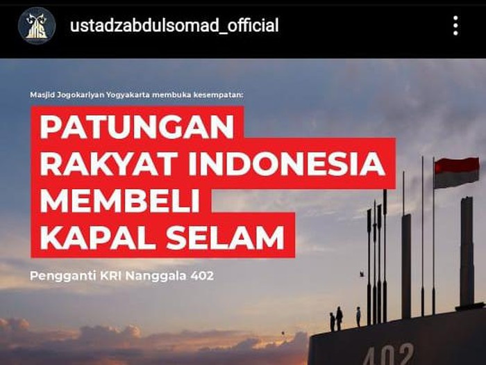 Penceramah Ustadz Abdul Somad (UAS) mengajak masyarakat patungan untuk membeli kapal selam pengganti KRI Nanggala-402 yang tenggelam. (Foto: Tangkapan layar)