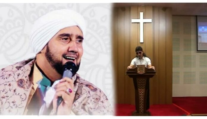 Habib Syech bin Abdul Qadir Assegaf dan Inset: Gus Miftah saat ceramah di gereja. (Foto: Istimewa)