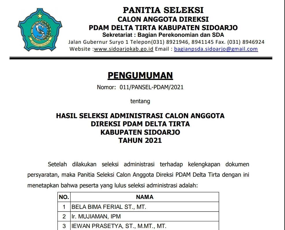Nama mantan Dirut PDAM Surya Sembada Surabaya, Mujiaman ada di peringkat dua peserta lolos administrasi Direksi PDAM Sidoarjo. (Foto: Istimewa)