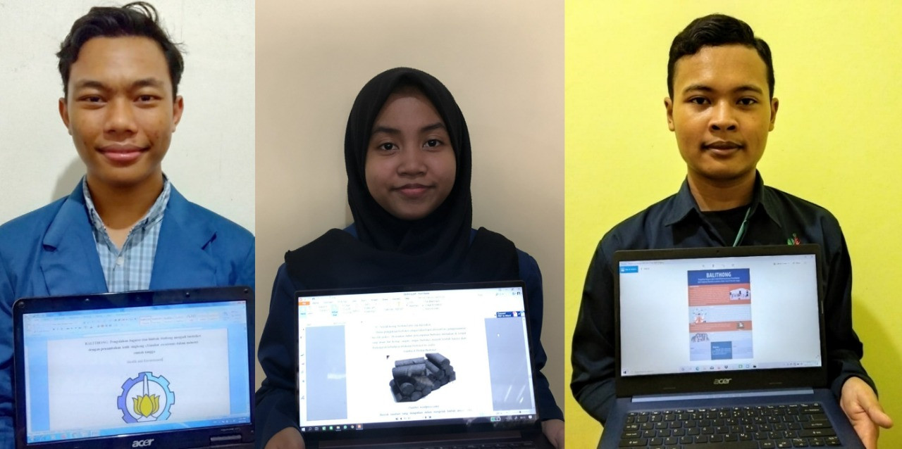 Zakiyah Nur Rafifah, Dicka Tama Putra, dan Fat’hul Mubin Gufron tiga mahasiswa ITS yang mengolah ampas tebu jadi biobriket. (Foto: istimewa).