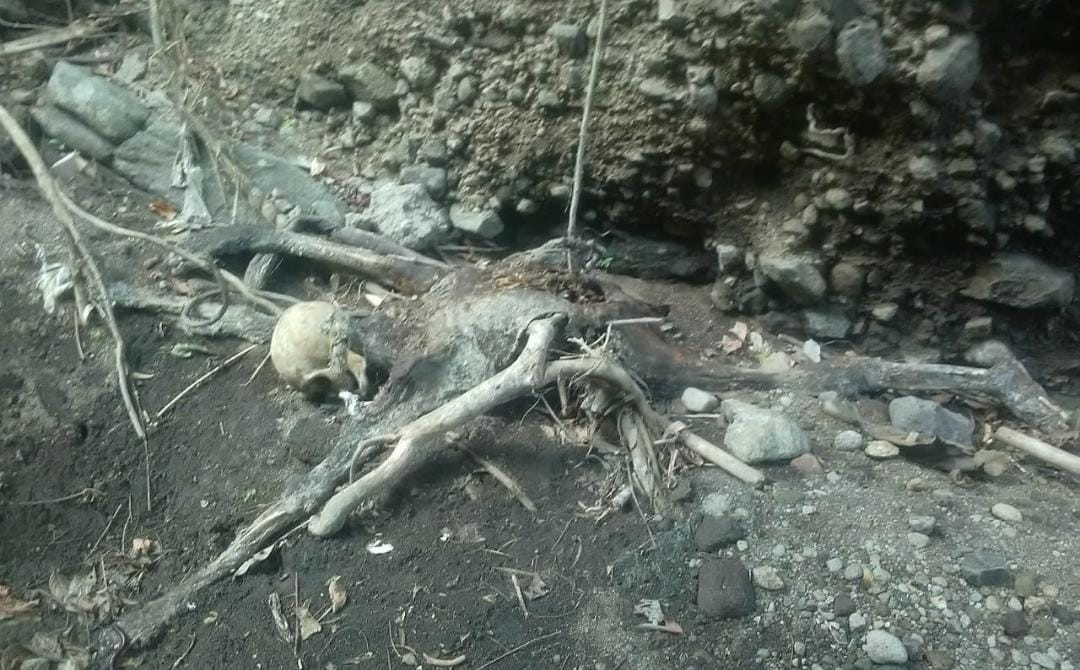 Kerangka manusia ditemukan warga di sungai Kesemen Dusun Mojodadi, Desa Purworejo, Kecamatan Pungging, Mojokerto. (Foto: Deni Lukmantara/Ngopibareng.id)