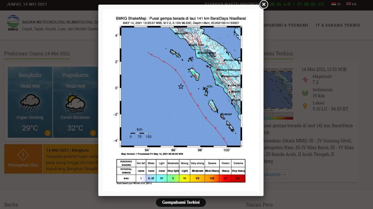 Gempa bumi berkekuatan magnitudo (M) 6,7 mengguncang Nias Barat, Sumatera Utara, Jumat 14 Mei 2021. (Grafis: Twitter BMKG)